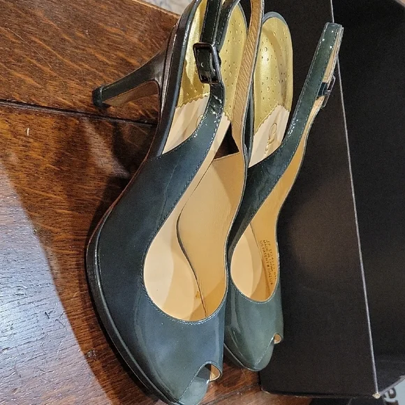 Cole Haan Women's Patent Peep Toe Heels - Dark Gray - Picture 3 of 8